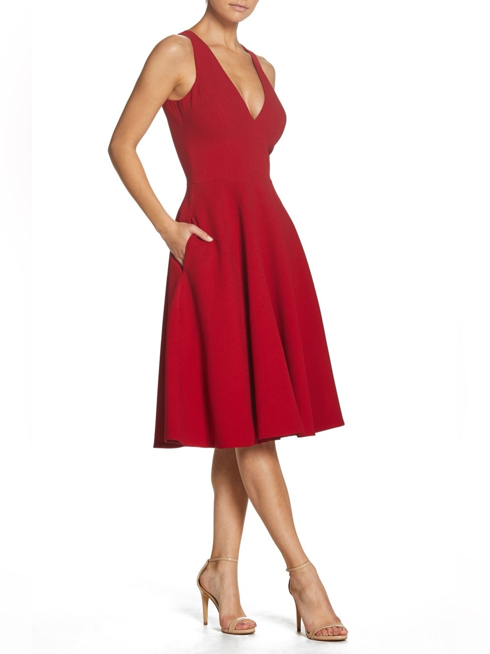 DRESS THE POPULATION Catalina Fit & Flare Cocktail Dress – Red Rouge - Picture 7 of 10